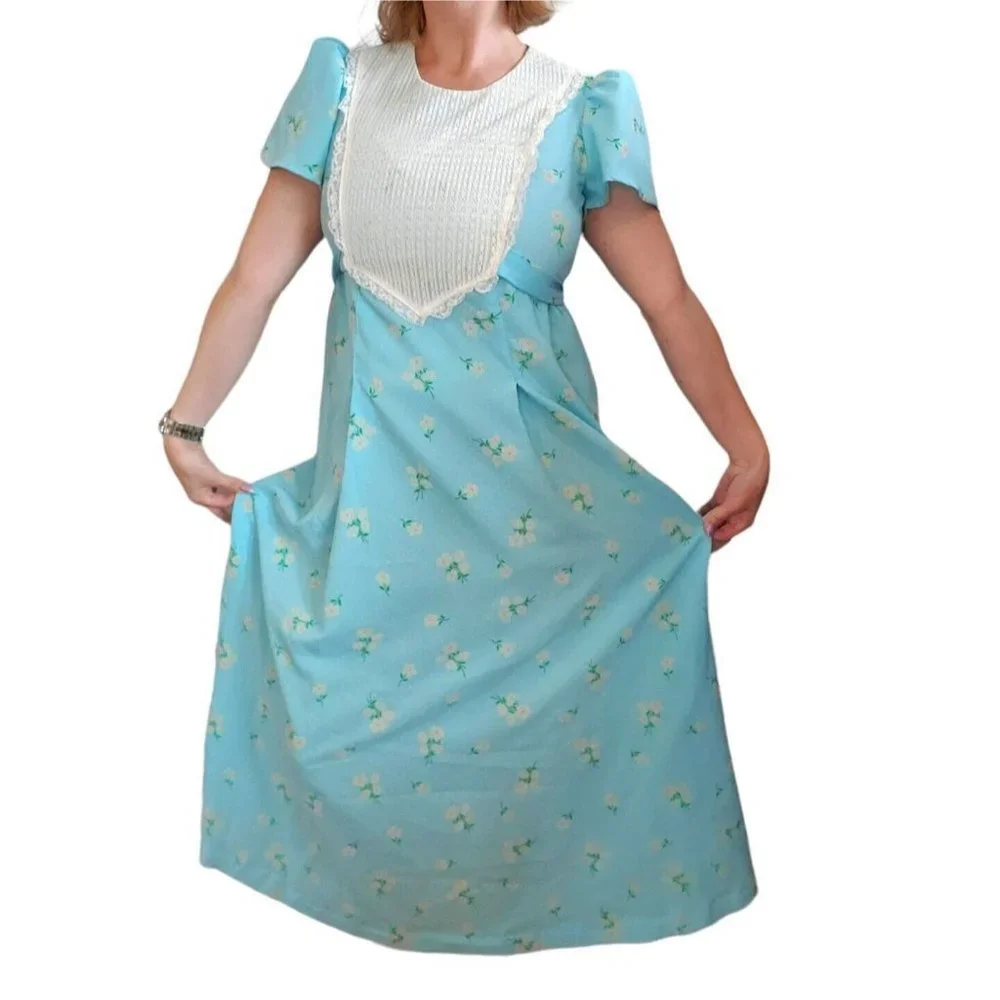 VTG Prairie Maxi‎ Dress Floral Flocked Blue Lace Puff Sleeve 1970s Coquette Sz L